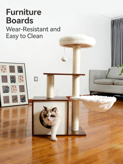Brown Heavy-Duty Cat Climbing Tree and Cabinet All-in-One