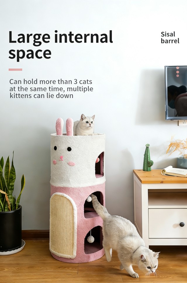 Meduim Double-Layer Cute Rabbit Sisal Barrel Cat Tree with Nest Style