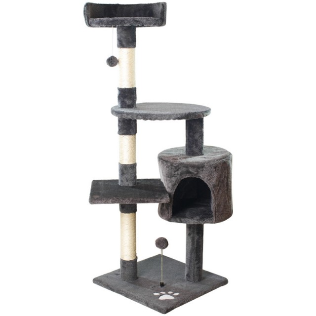 Four-Tier Luxury Cat Tree with Sisal Scratching Posts, Spring Plush Balls & Cave Condo