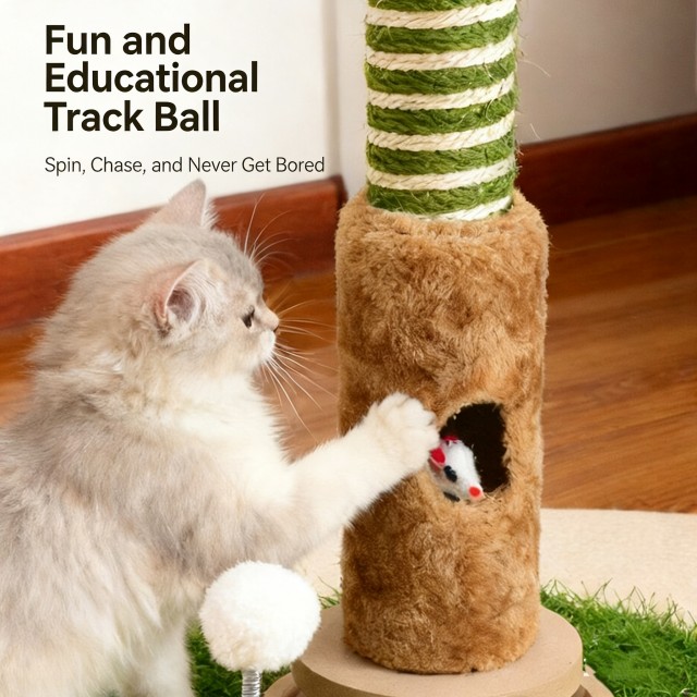 Forest-Inspired Creative Cat Tree - 98CM Tall Multi-Cat Scratching Post with Interactive Track Ball & Eucalyptus Decor
