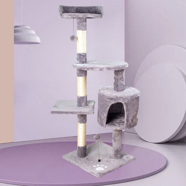 Four-Tier Luxury Cat Tree with Sisal Scratching Posts, Spring Plush Balls & Cave Condo