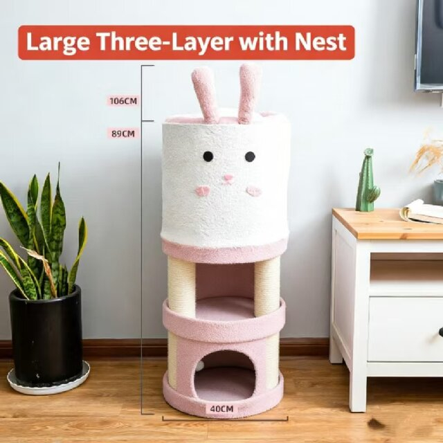 Large Three-Layer Cute Rabbit Sisal Barrel Cat Tree with Nest