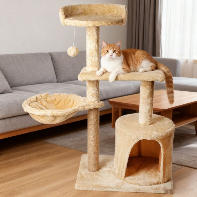 Home Dual-Nest Cat Tree with Iron-Ring Nest with Plush Ball Toy