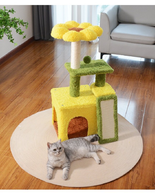 Sunflower Creative Cat Tree - Multi Level Cat Condo with Scratching Post and Cozy Hideaway