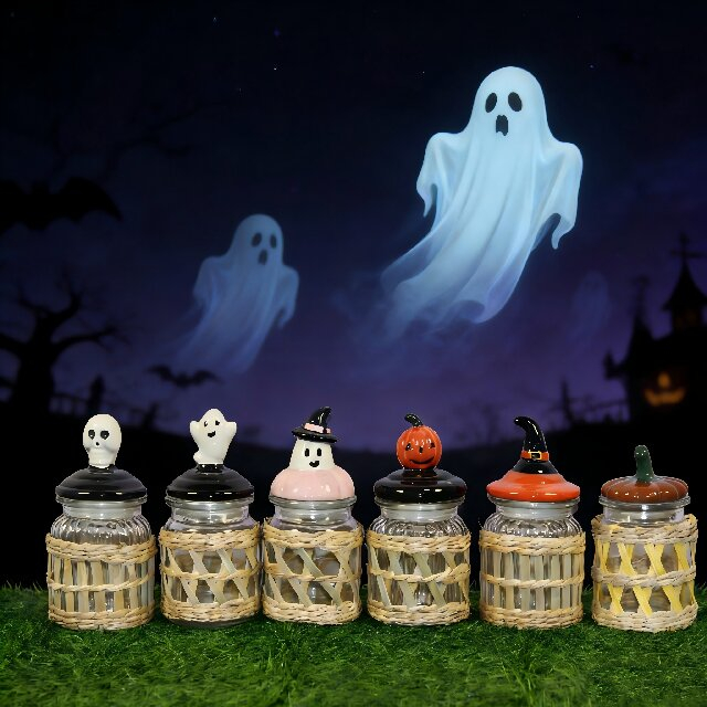 Halloween Woven Grass Glass Bottles Set (6-Pack) with Themed Ceramic Lids