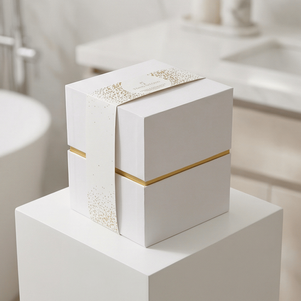 Luxury White Gold Foil Square Rigid Gift Box with Custom Band