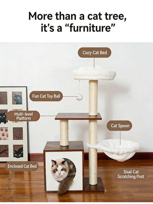 Brown Heavy-Duty Cat Climbing Tree and Cabinet All-in-One
