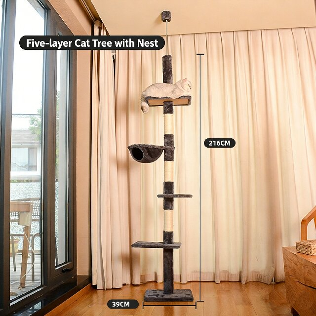 Heavy-Duty Single Post Sisal Cat Tree Floor-to-Ceiling Freestanding Design