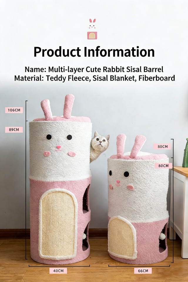 Meduim Double-Layer Cute Rabbit Sisal Barrel Cat Tree with Nest Style