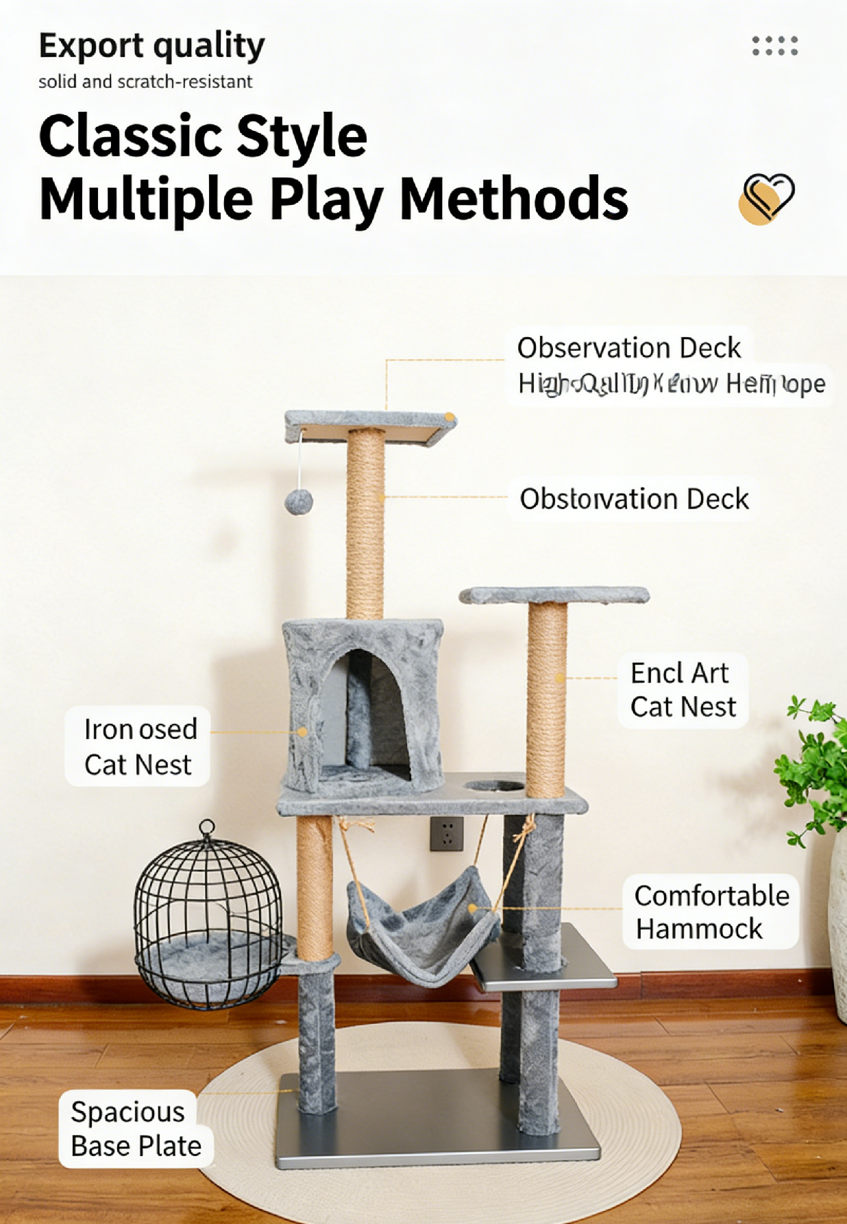 Dark Gray Luxurious Multi-Functional Integrated Cat Tree with Sisal Post