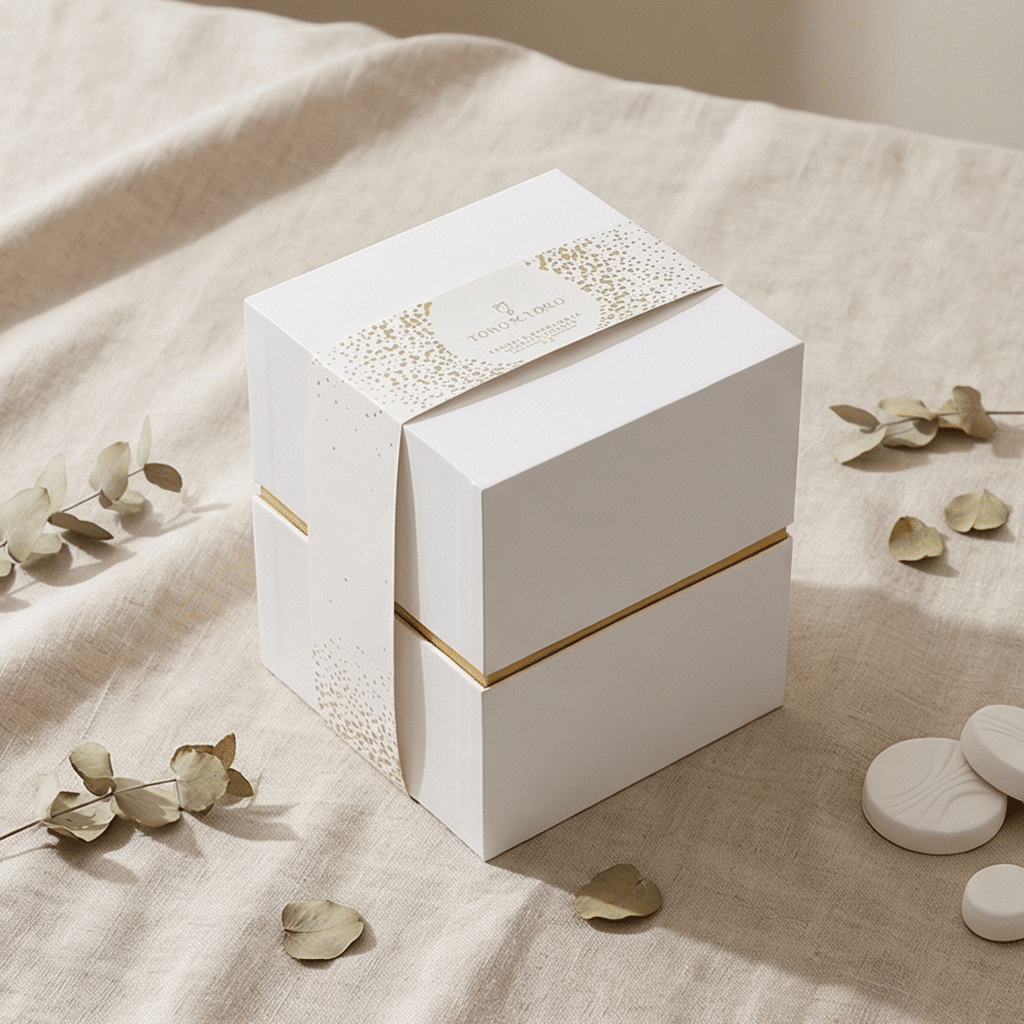 Luxury White Gold Foil Square Rigid Gift Box with Custom Band