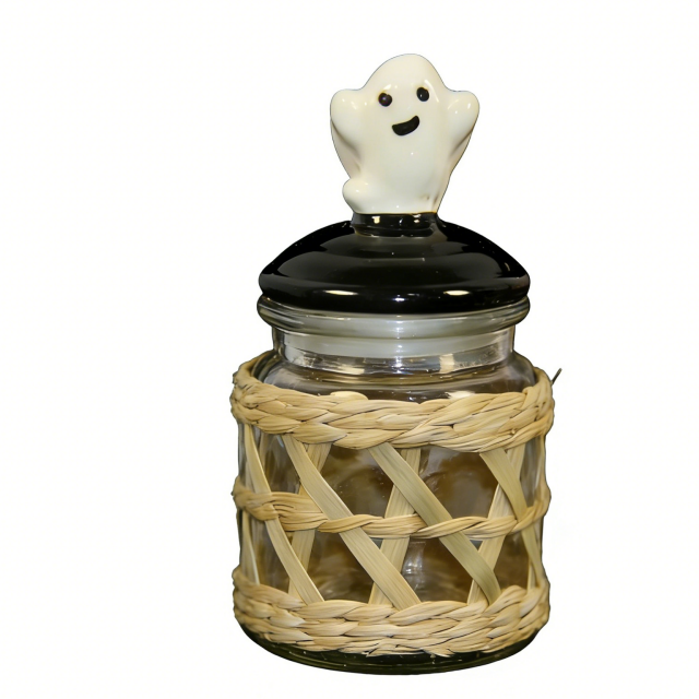 Halloween Woven Grass Glass Bottles Set (6-Pack) with Themed Ceramic Lids