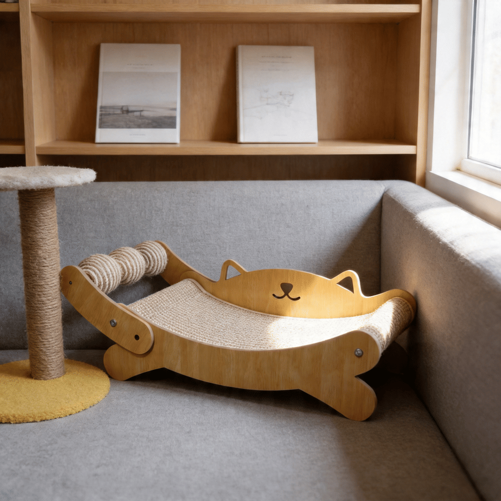 Wooden Cat Scratcher Bed With Interactive Sisal Toy