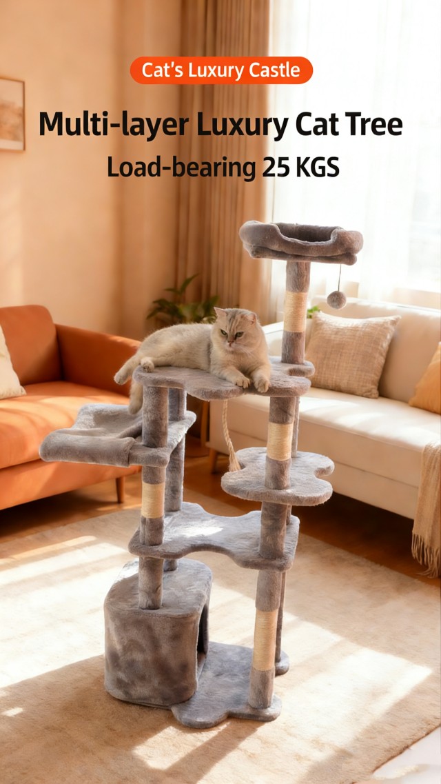 Multi-Level Luxury Cat Tree with Sisal Scratching Posts, Suspended Hammock, Enclosed Condo & Multi-Jump Platforms for Large/Multi-Cat Households