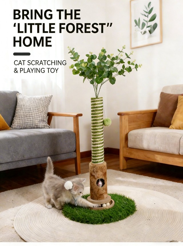 Forest-Inspired Creative Cat Tree - 98CM Tall Multi-Cat Scratching Post with Interactive Track Ball & Eucalyptus Decor