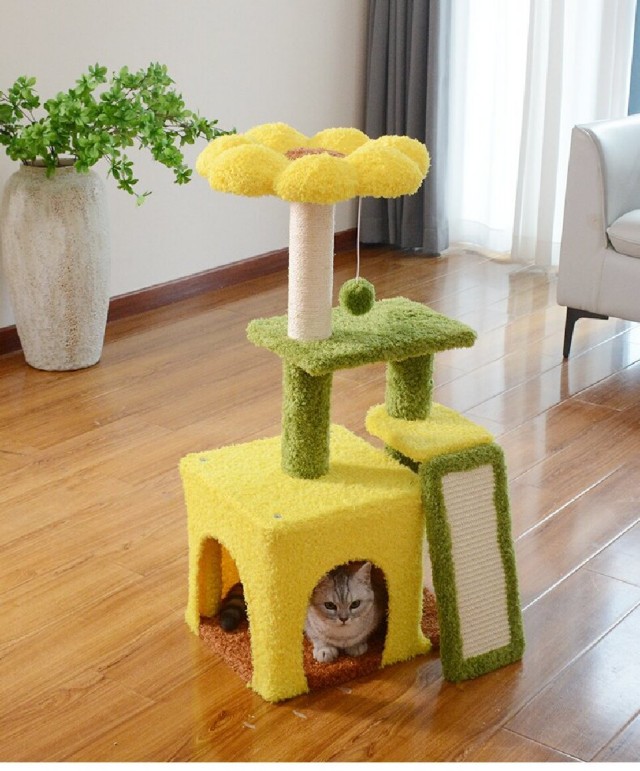 Sunflower Creative Cat Tree - Multi Level Cat Condo with Scratching Post and Cozy Hideaway