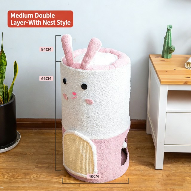 Meduim Double-Layer Cute Rabbit Sisal Barrel Cat Tree with Nest Style