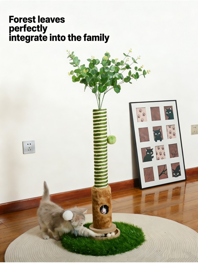 Forest-Inspired Creative Cat Tree - 98CM Tall Multi-Cat Scratching Post with Interactive Track Ball & Eucalyptus Decor
