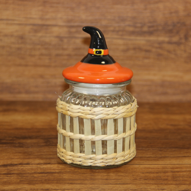 Halloween Woven Grass Glass Bottles Set (6-Pack) with Themed Ceramic Lids