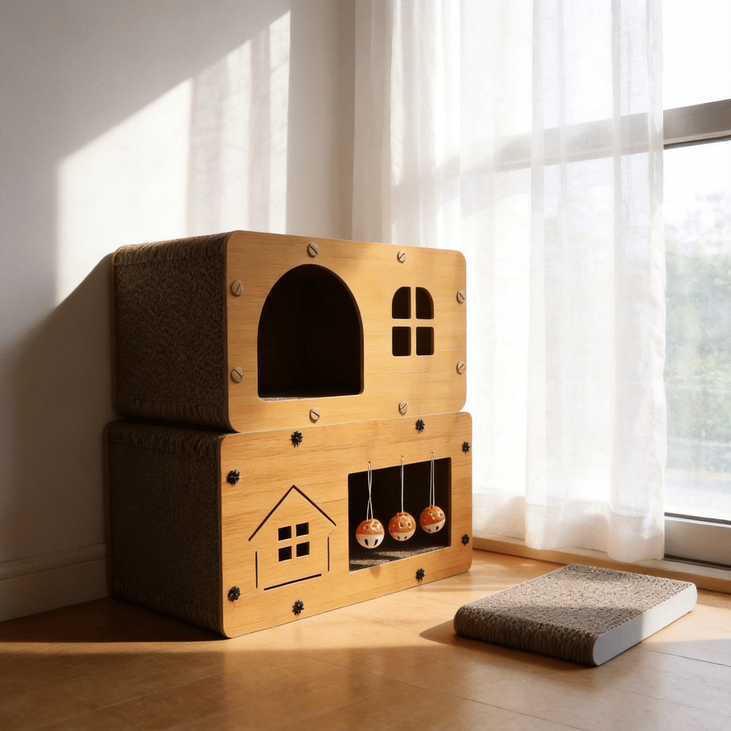 Two-Tier Corrugated Cat House With Interactive Toy Balls