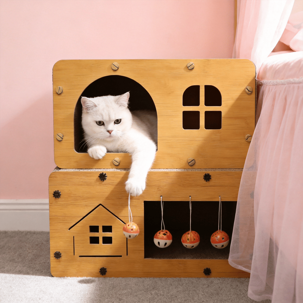 Two-Tier Corrugated Cat House With Interactive Toy Balls