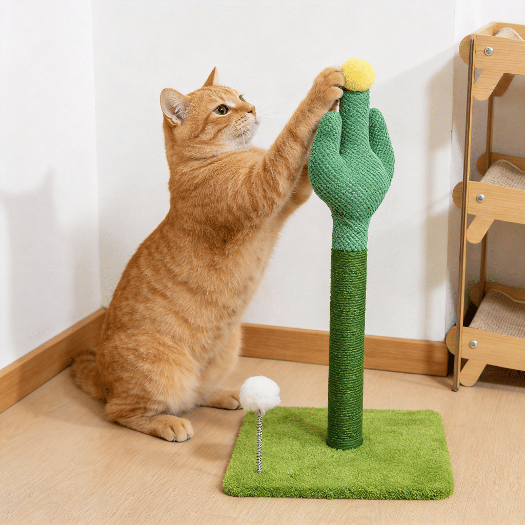 Cactus-Shaped Sisal Cat Scratching Post With Interactive Toys